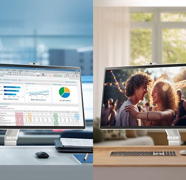 Vasemmalla olevassa kuvassa on LG Smart Monitor Swing toimistossa, ja sillä näkyy useita kaavioita, kun taas oikealla olevassa kuvassa on LG Smart Monitor Swing kotona, ja sillä toistetaan elokuvaa.