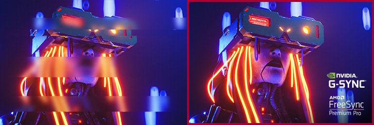 Vasen kuva simuloi tilannetta, jossa NVIDIA® G-SYNC® ja AMD FreeSync™ Premium Pro eivät ole käytössä. Oikea kuva simuloi tilannetta, jossa kuvan repeytymistä ja nykimistä on vähennetty NVIDIA® G-SYNC®:n ja AMD FreeSync™ Premium Pron avulla.