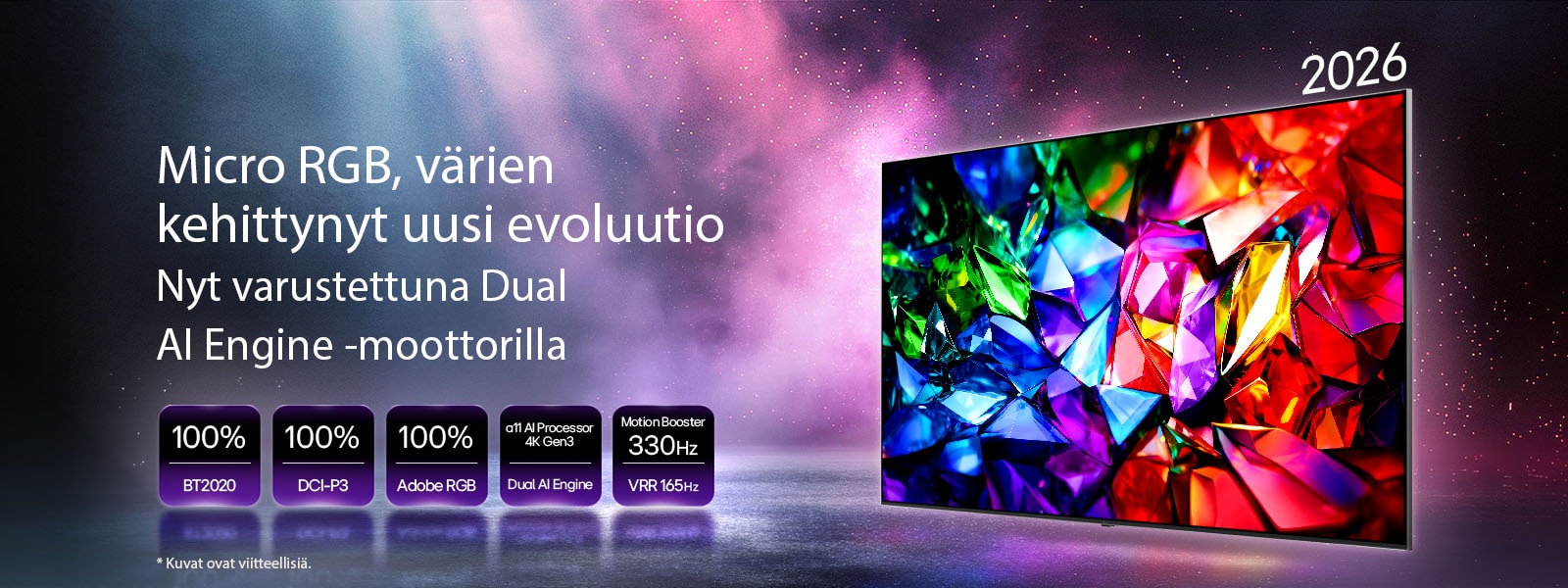LG Micro RGB evo AI MRGB95, uusi värikehitys, näyttää elävän kristallinkirkkaan värikuvan, jossa on terävät punaisia, vihreitä ja sinisiä fasettipintoja. Ominaisuuksina 100 %:n BT.2020-, DCI-P3- ja Adobe RGB -väriavaruuksien kattavuus, alpha 11 AI Processor 4K Gen3 Dual Engine -prosessori sekä Motion Booster 330 Hz VRR 165 Hz -tuella.