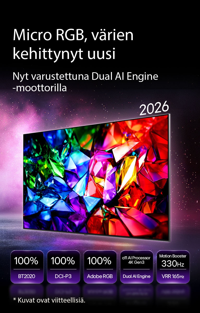LG Micro RGB evo AI MRGB95, uusi värikehitys, näyttää elävän kristallinkirkkaan värikuvan, jossa on terävät punaisia, vihreitä ja sinisiä fasettipintoja. Ominaisuuksina 100 %:n BT.2020-, DCI-P3- ja Adobe RGB -väriavaruuksien kattavuus, alpha 11 AI Processor 4K Gen3 Dual Engine -prosessori sekä Motion Booster 330 Hz VRR 165 Hz -tuella.