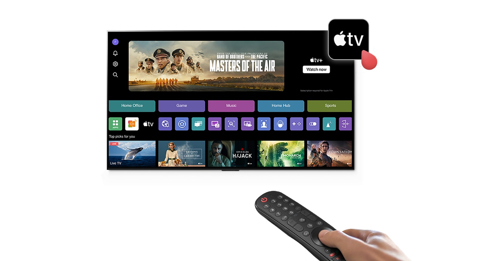 Kuva LG Smart -television webOS-käyttöjärjestelmästä. webOS-sivulla on Apple TV+ -sovelluskuvake.