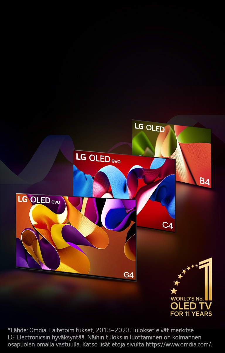 LG OLED evo TV C4, evo G4 ja B4 seisovat rivissä mustaa taustaa vasten, jossa on hienovaraisia väripyörteitä. Kuvassa on "World's number 1 OLED TV for 11 Years" (Maailman numero 1 OLED-televisio 11 vuoden ajan) -tunnus.  Vastuuvapauslausekkeessa lukee: ”Lähde: Omdia. Laitetoimitukset, 2013–2023. Tulokset eivät merkitse LG Electronicsin hyväksyntää. Näihin tuloksiin luottaminen on kolmannen osapuolen omalla vastuulla. Katso lisätietoja sivulta https://www.omdia.com/.”