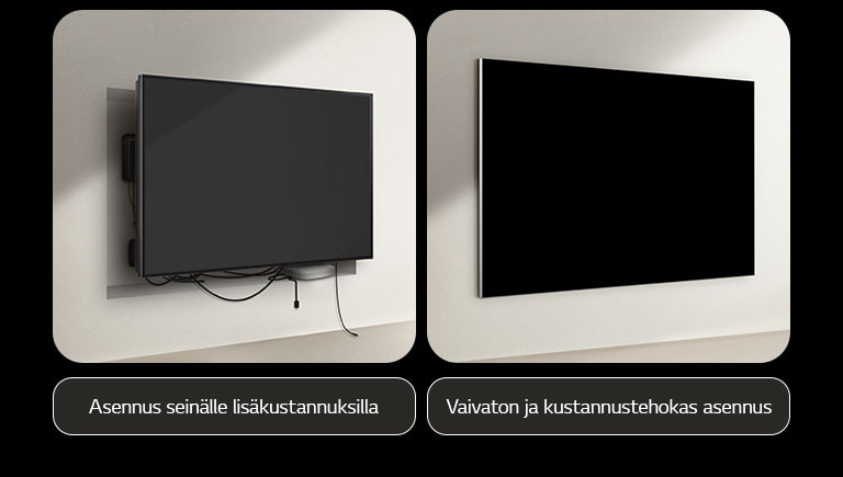 Vertailussa langallisen television ja aidosti langattoman LG-television asennus. Langallisen television asennukseen tarvitaan lisää rakentelua muiden laitteiden piilottamiseksi television taakse. Sekasotku ja johdot näkyvät vieläkin aukoista. Merkissä lukee seinään integroitu asennus lisämaksusta. Aidosti langaton LG-televisio on asennettu siististi seinälle. Johtoja ja laitteita ei näy. Merkitty tekstillä: vaivaton ja kustannustehokas asennus.