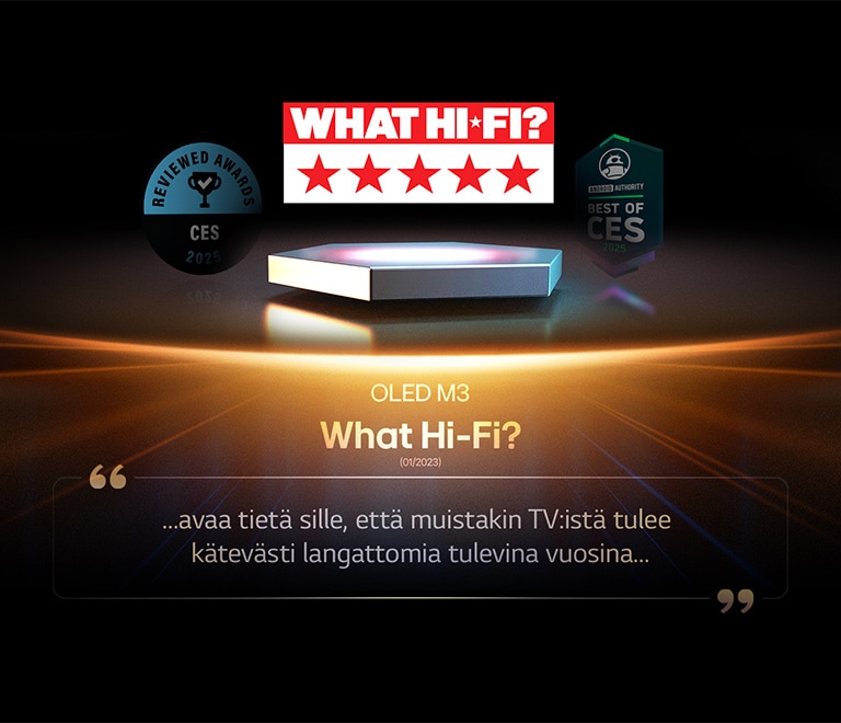 Tunnustus OLED M3:lle What Hi-Fi -julkaisulta. Katkelmassa heidän arviostaan lukee avaa tietä sille, että muistakin TV:istä tulee kätevästi langattomia tulevina vuosina.
