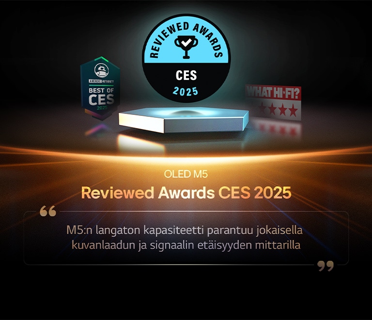 Tunnustus OLED M5:lle Reviewed-sivustolta. Katkelmassa heidän arviostaan lukee M5:n langaton kapasiteetti parantuu jokaisella kuvanlaadun ja signaalin etäisyyden mittarilla.