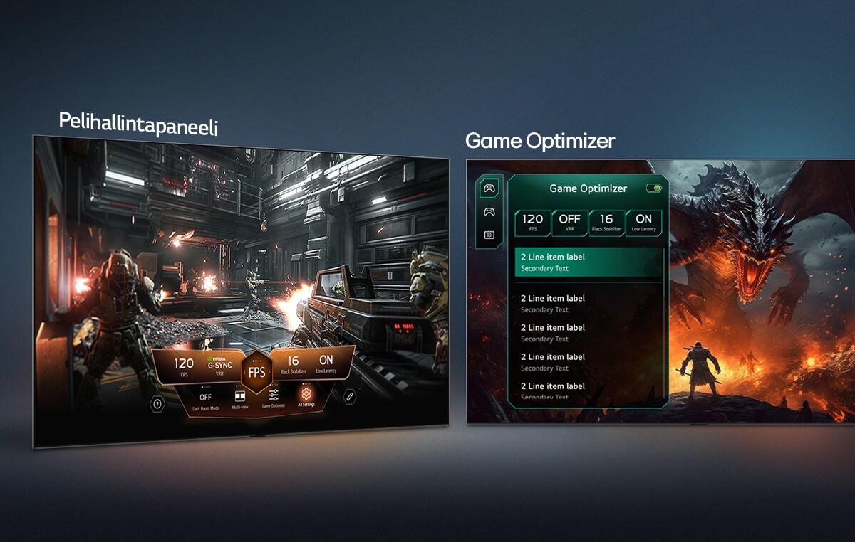 LG QNED evo AI QNED80 Mini LED, jossa on Game Dashboard ja Optimizer, näyttää rinnakkaiset pelinäytöt ja ruudulla olevan valikon, josta peliasetuksia, kuten virkistystaajuutta, viivettä ja kuvatiloja, voi säätää reaaliajassa.