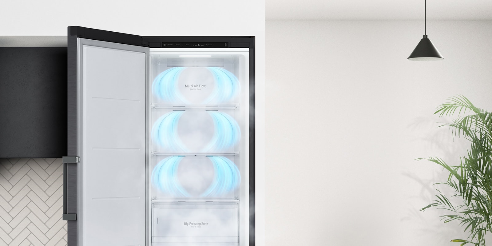 Pakastin, jonka ovi avautuu. Sininen ilma puhaltaa jokaisen osion yläosasta ja ympäröi täysin sisällä olevan ruoan.