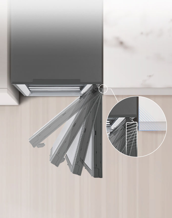 Katsaus jääkaappiin, joka on asennettu seinän viereen siten, että saranat ovat piilossa.