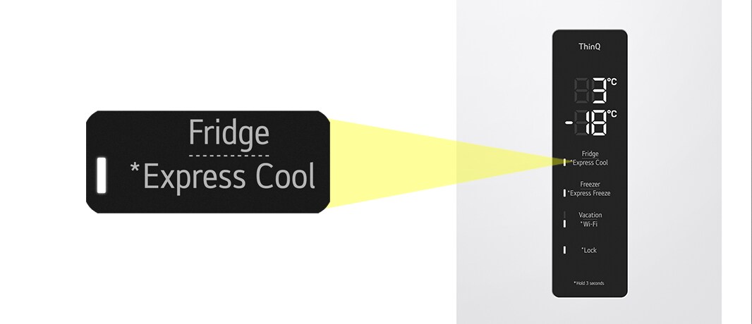Lähikuva jääkaapin yläosassa olevasta Express Cool -painikkeesta.