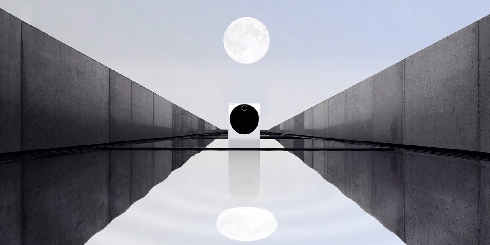 It shows a LG Signature washer-dryer combo in dreamy space. There is a play button to play the video.