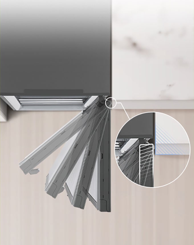 Katsaus jääkaappiin, joka on asennettu seinän viereen siten, että saranat ovat piilossa.