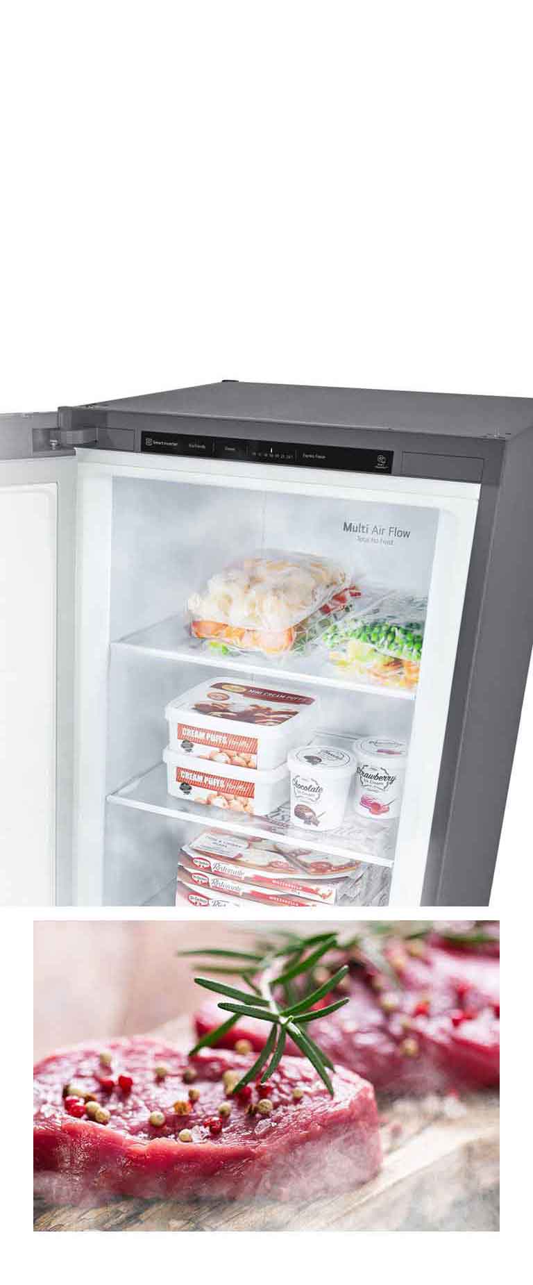 Yksi kuva näyttää avoimen pakastimen täynnä tuotteita ja kylmän ilman puhaltavan joka paikasta. Toinen kuva näyttää sulaneen raa’an lihan, joka on valmis valmistettavaksi.