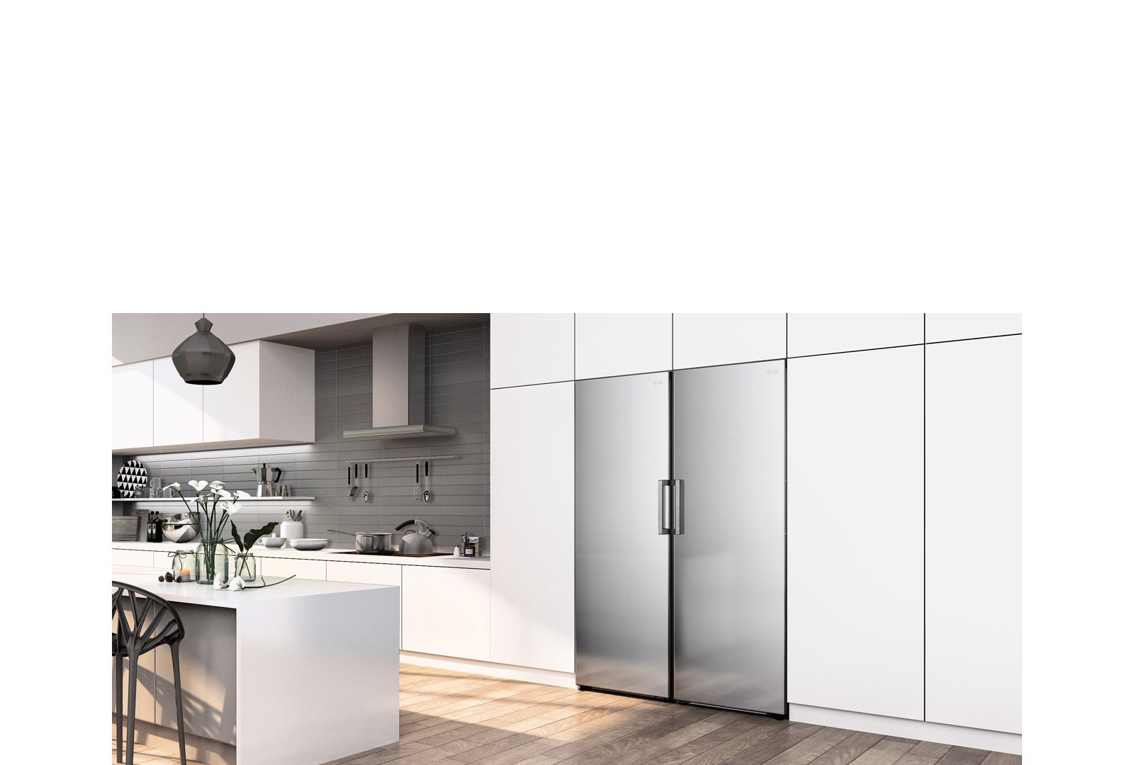 Pakastin näytetään viistosta, jolloin se näyttää sopivan täydellisesti nykyaikaisen keittiön kaappeihin.