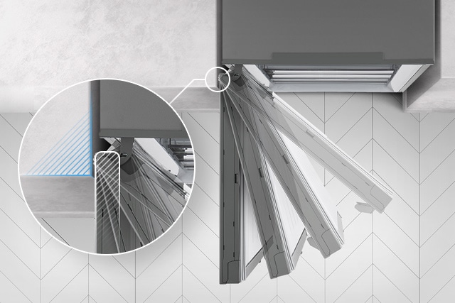 Yläkuva pakastimesta, jonka ovi avautuu ja pysähtyy neljän pysäyttimen ansiosta, sekä suurennettu kuva saranoista, joka näyttää, miten sarana voi istua saumattomasti seinään niin, että ovi ei kuitenkaan osu seinään avautuessaan.