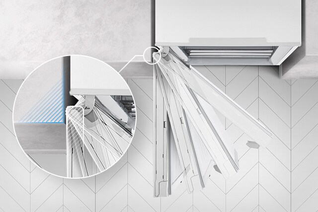 Yläkuva pakastimesta, jonka ovi avautuu ja pysähtyy neljän pysäyttimen ansiosta, sekä suurennettu kuva saranoista, joka näyttää, miten sarana voi istua saumattomasti seinään niin, että ovi ei kuitenkaan osu seinään avautuessaan.