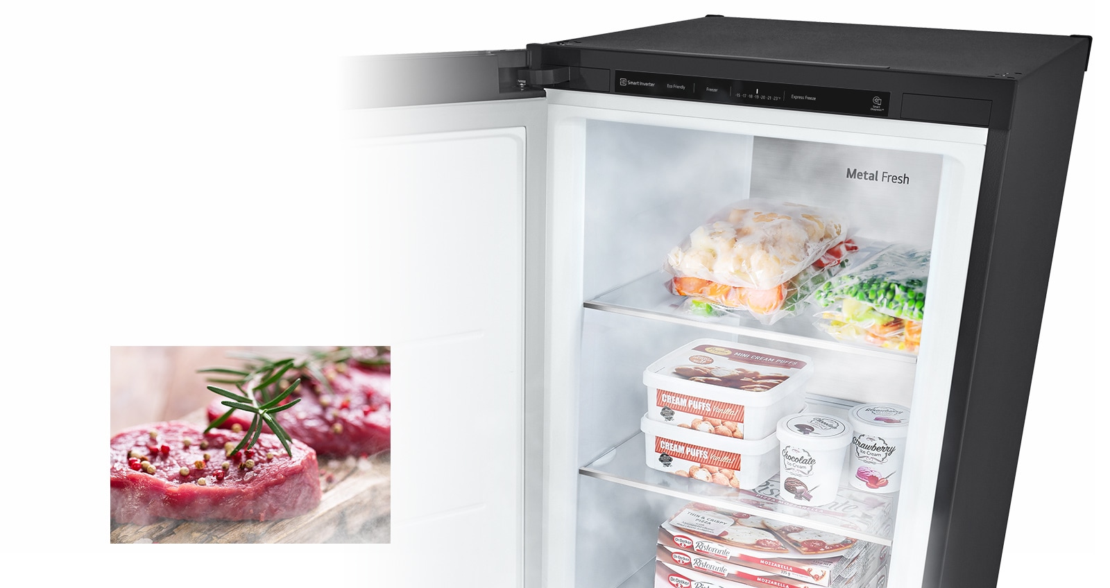 Yksi kuva näyttää avoimen pakastimen täynnä tuotteita ja kylmän ilman puhaltavan joka paikasta. Toinen kuva näyttää sulaneen raa’an lihan, joka on valmis valmistettavaksi.