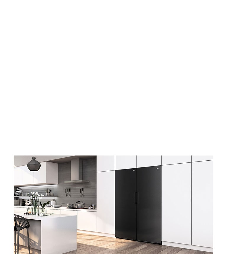 Pakastin näytetään viistosta, jolloin se näyttää sopivan täydellisesti nykyaikaisen keittiön kaappeihin.