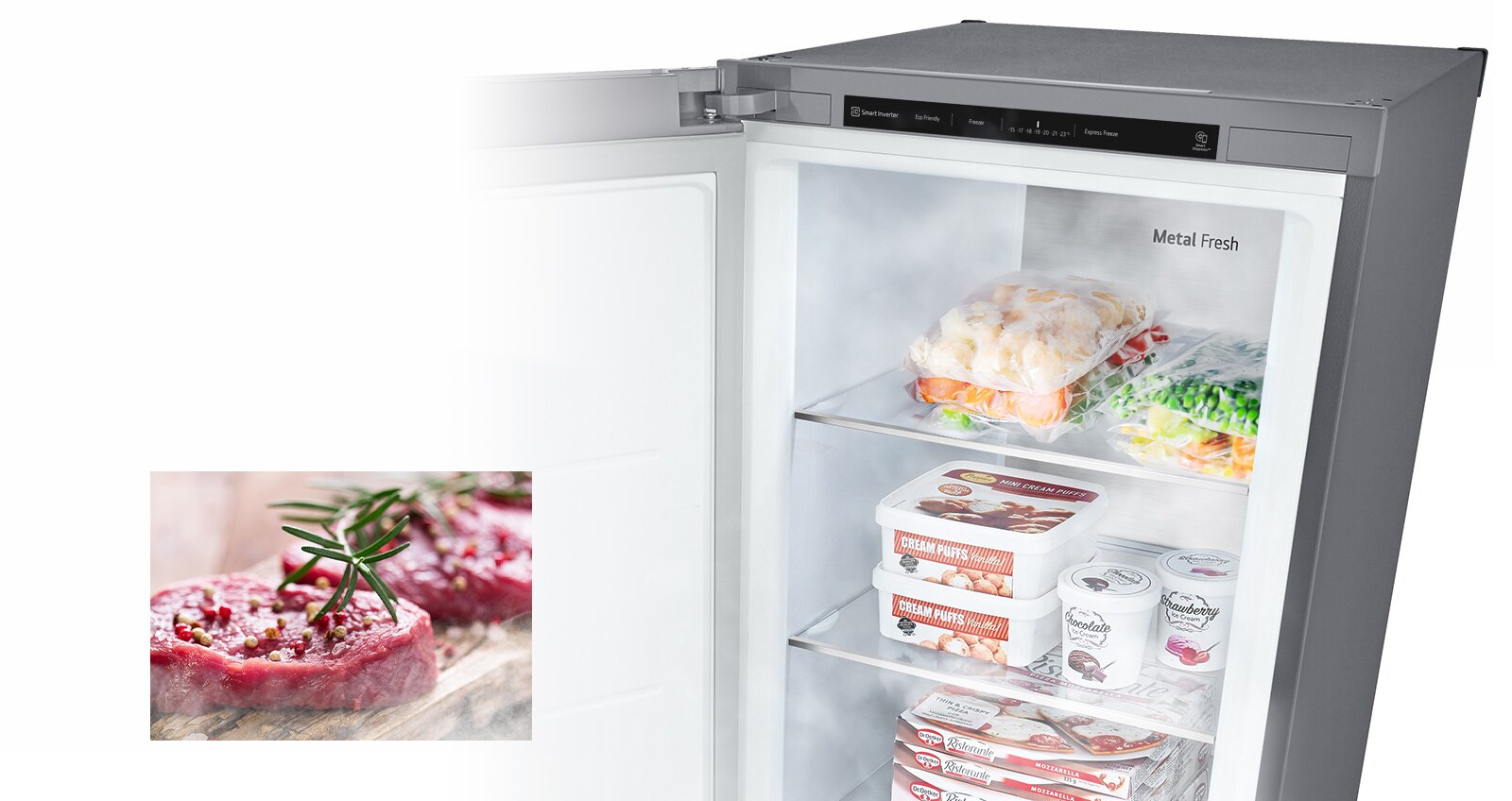 Yksi kuva näyttää avoimen pakastimen täynnä tuotteita ja kylmän ilman puhaltavan joka paikasta. Toinen kuva näyttää sulaneen raa’an lihan, joka on valmis valmistettavaksi.