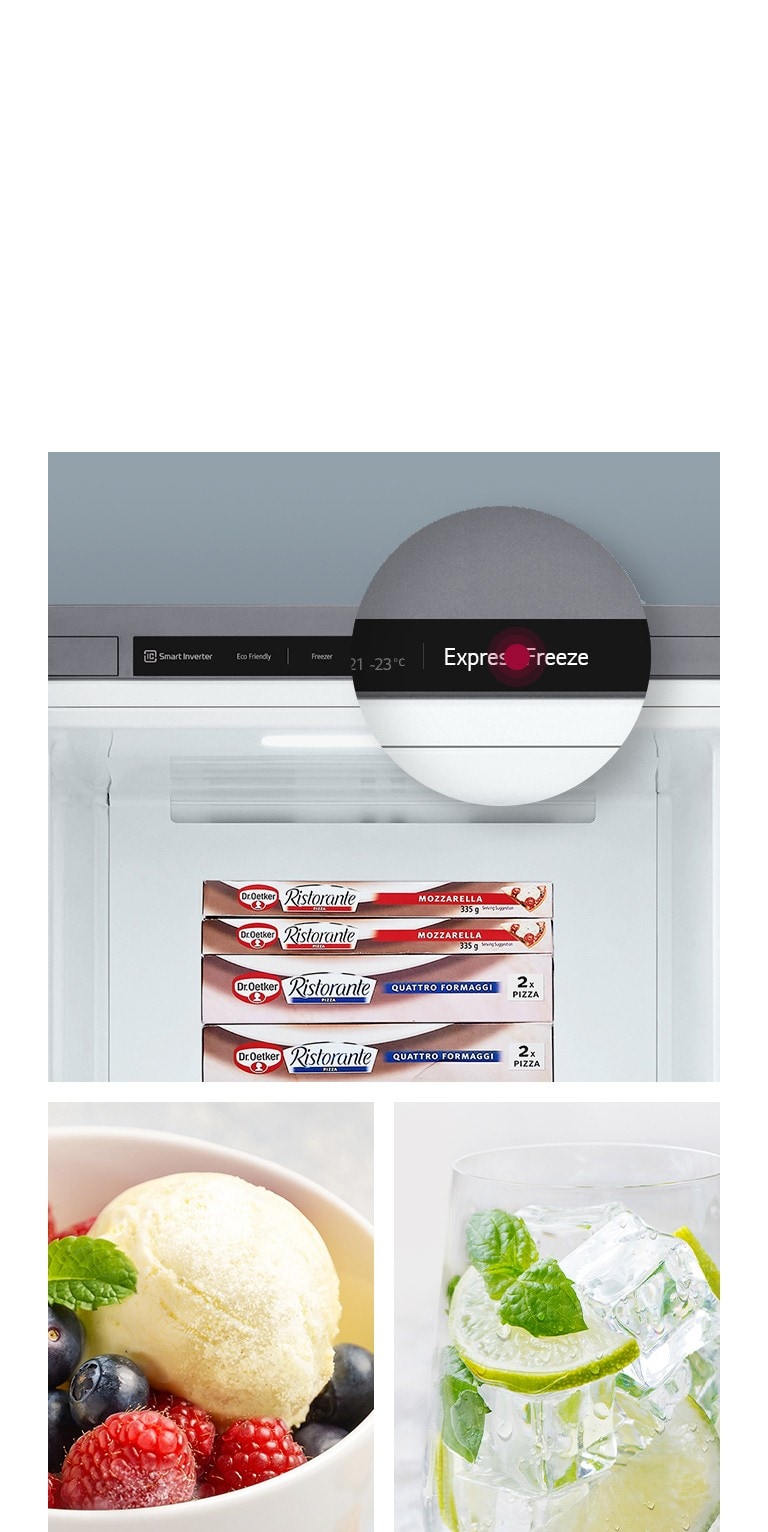 Yksi kuva näyttää jäätelökulhon, jossa on hedelmiä päällä. Toinen kuva näyttää pakastimen sisäosan, joka on täynnä jäätelöä ja suurennuskuplan, joka näyttää Express Freeze -napin. Kolmas kuva näyttää juoman, jossa on runsaasti jäitä.