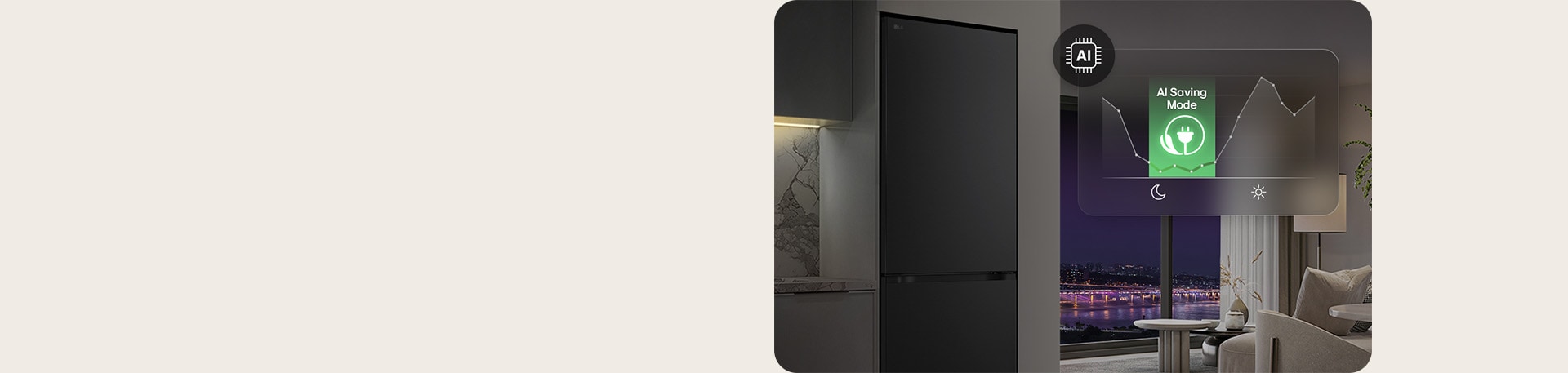 LG-jääkaappipakastin (GBBS726CPY) oleskelutilassa, jossa on yökaupunkimaisema ja sen yllä AI Saving Mode -grafiikka ja energiatilasto