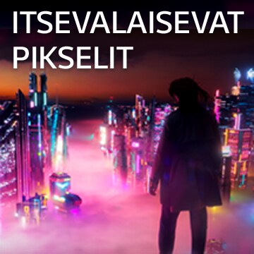 Nainen katselee alaspäin kaupungin siluettia, taustalla yössä loistavia kirkkaita neonvaloja.