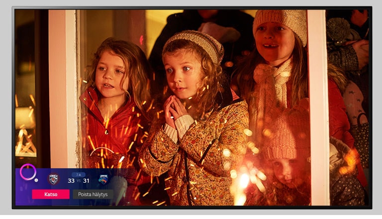 Tv-ruudulla näkyy kohtaus jouluelokuvasta ja Sports Alert -toiminto