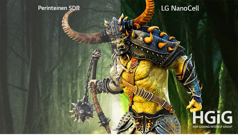 Hirviöpelin kohtaus näkyy perinteisessä televisiossa ja toinen puoli LG NanoCell -televisiossa HDR-laadulla