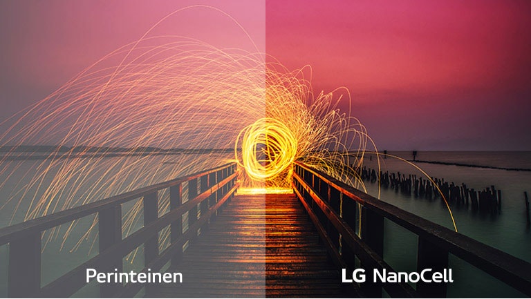 Kuvanlaadun vertailu perinteisen ja Full Array Dimming -teknologian välillä kuvassa, jossa näkyy tulta