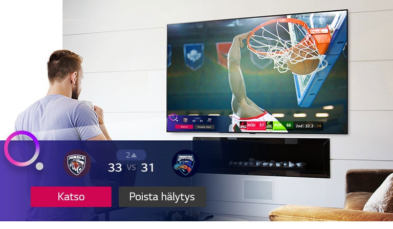 Tv-ruudulla näkyy koripallo-ottelu ja Sports Alert -toiminto