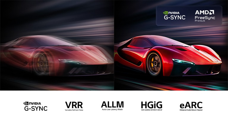 Kaksi kuvaa videopelin autosta vierekkäin. Toisessa on paljon sumeaa liikettä. Toinen on terävä ja selkeä, mikä on LG OLED TV -television korkean kuvataajuuden ansiota. Nvidia G-Sync -logo ja muut asiaankuuluvat sertifikaatiot ovat näkyvissä.
