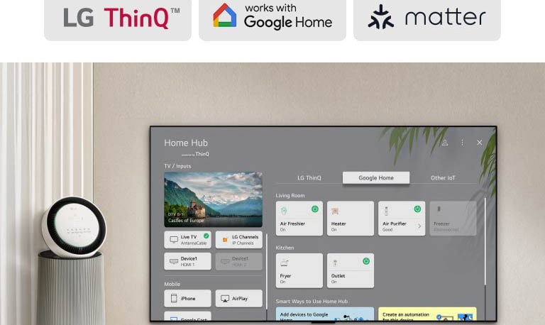 LG TV, jonka näytöllä on Home Hub. Käyttöliittymässä näkyy Google Home, ThinQ ja muita esineiden internet- eli IoT-laitteita, mikä osoittaa, kuinka voit helposti hallita kaikkia älylaitteita televisiostasi.