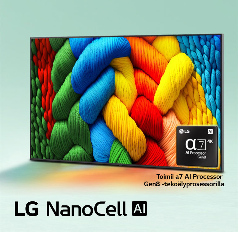 Loivasta kulmasta vasemmalta otettu sivukuva LG NanoCell TV -televisiosta, jossa näkyy värikkäitä lankoja. Alpha 7 AI Processor Gen8 -logo on television ruudun oikeassa alakulmassa. Tausta on vaalean sinivihreä. LG Nanocell AI -logo on vasemmassa alakulmassa. Kuvassa näkyy myös teksti: toimii alpha 7 AI Processor Gen8 -tekoälyprosessorilla.