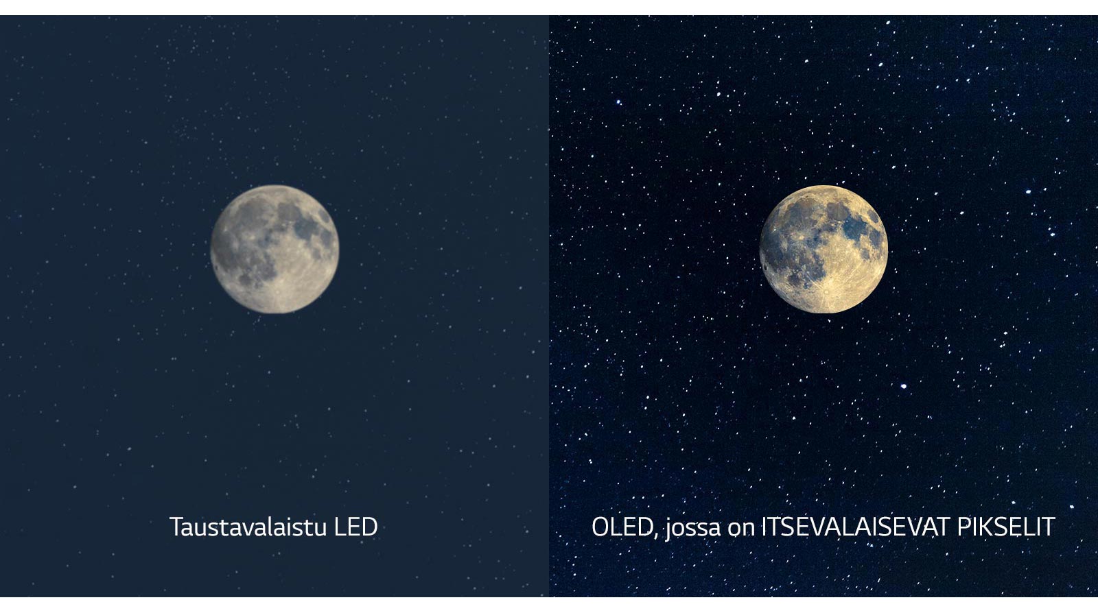 Näkymä kuusta, vasemmalla LED epäselvällä mustan toistolla ja oikealla OLED täydellisellä mustan toistolla (toista video)