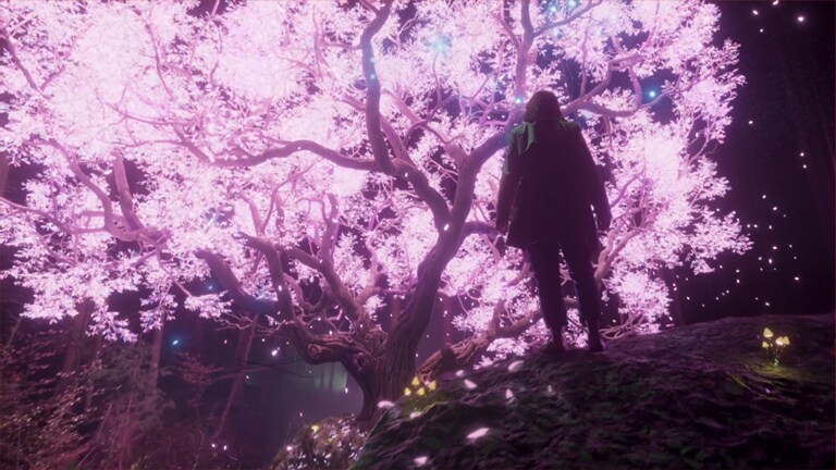 TV-näyttö, jossa värikkäät säteet purkautuvat ulos säihkyvästä puusta (toista video)