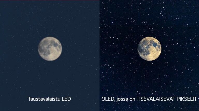 Näkymä kuusta, vasemmalla LED epäselvällä mustan toistolla ja oikealla OLED täydellisellä mustan toistolla (toista video)