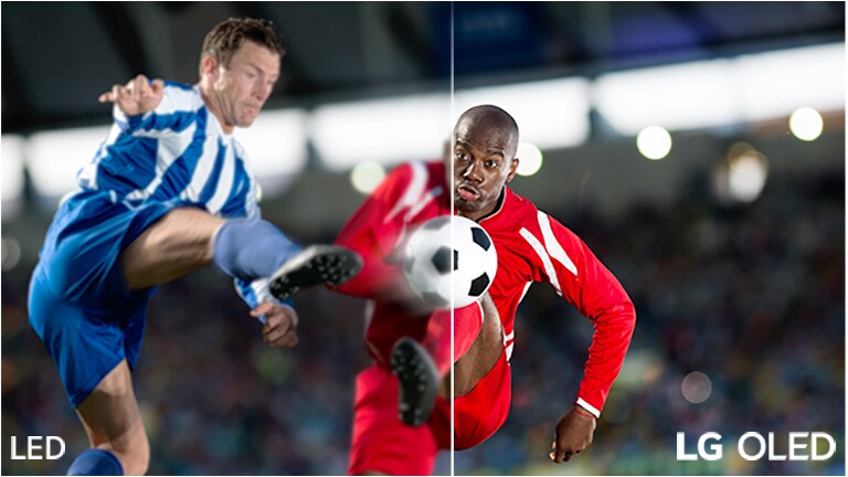Jalkapallopelin kuva on jaettu kahteen osaan visuaalista vertailua varten. Kuvassa on LCD/LED-teksti vasemmassa alakulmassa ja LG OLED ‑logo oikeassa alakulmassa.