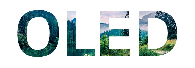 Sana ”OLED” täytettynä luontokuvalla liukuu oikealta (toista video) 