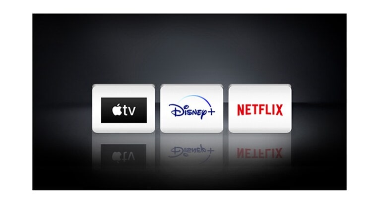  ‑logo, Netflix-logo, Disney+-logo ja Apple TV ‑logo on järjestetty vaakasuoraan mustalle taustalle.