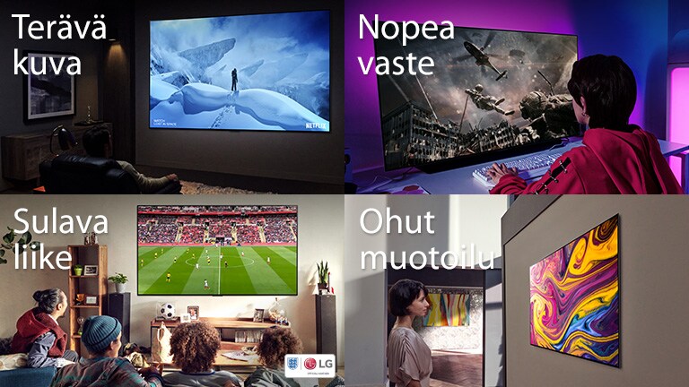 Mies istuu sohvalla pimeässä huoneessa ja katselee TV-kuvaa, jossa toinen mies seisoo keskellä lumipeitteistä vuorta. Tyttö pelaa tietokonepeliä, suurella TV-näytöllä näkyy sotilas, joka laskeutuu alas helikopterista. Neljä ihmistä istuu olohuoneen sohvalla ja katselee jalkapallo-ottelua. Nainen katselee seinälle ripustettua TV-kuvaa, jossa näkyy taidetta.