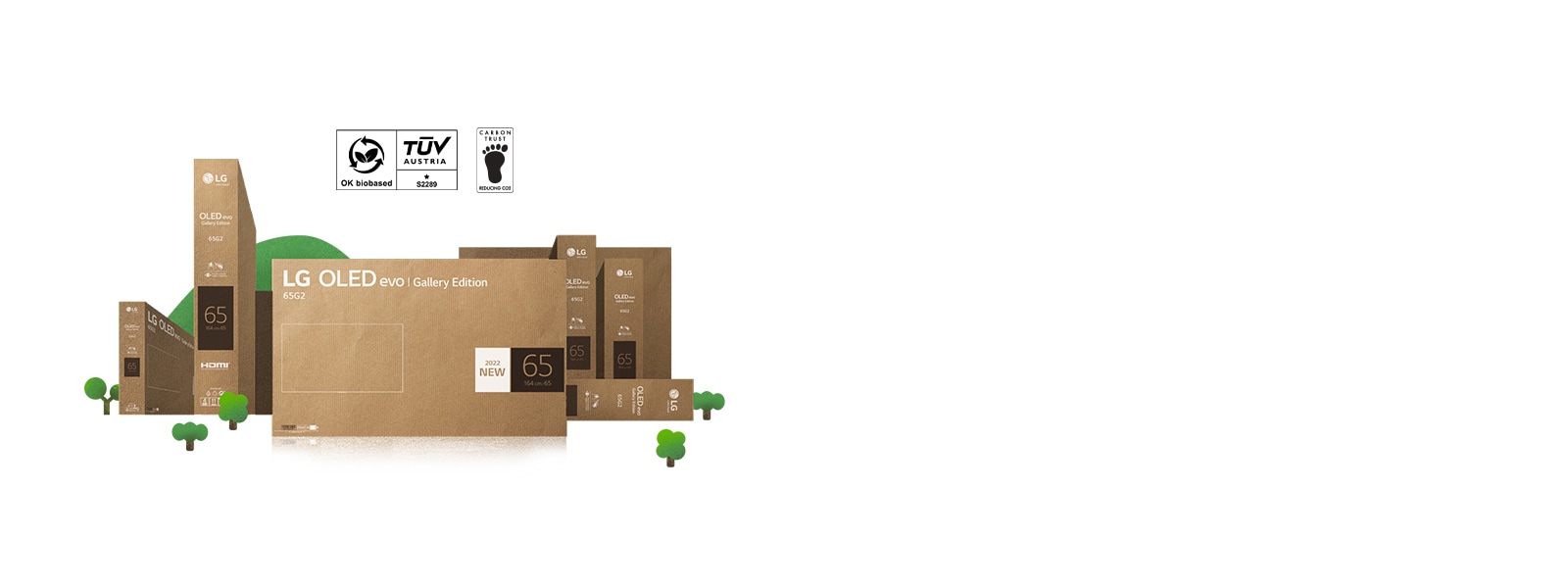 Ympäristöystävällinen LG OLED -pahvipakkaus kuvattuna kukoistavien puiden ja vuorten keskellä.