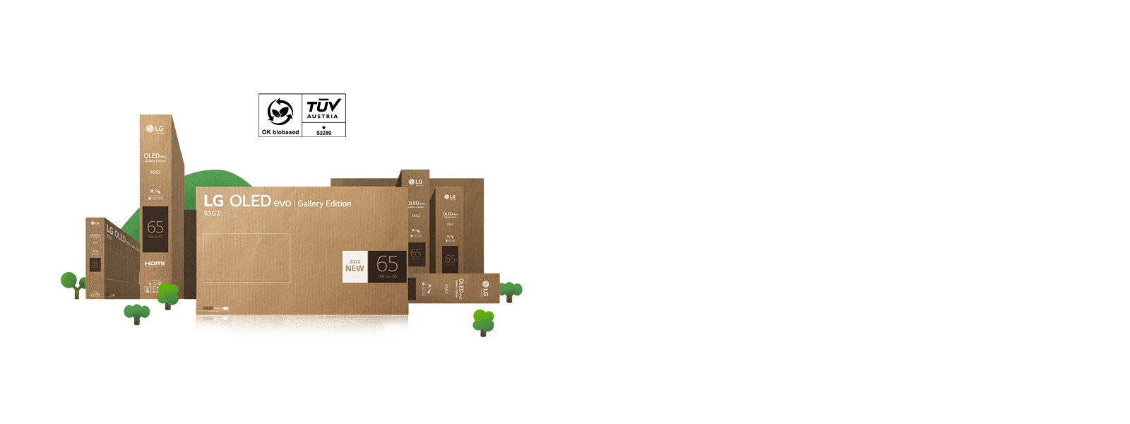 Ympäristöystävällinen LG OLED -laatikko on esillä rehevien puiden ja vuorten keskellä.