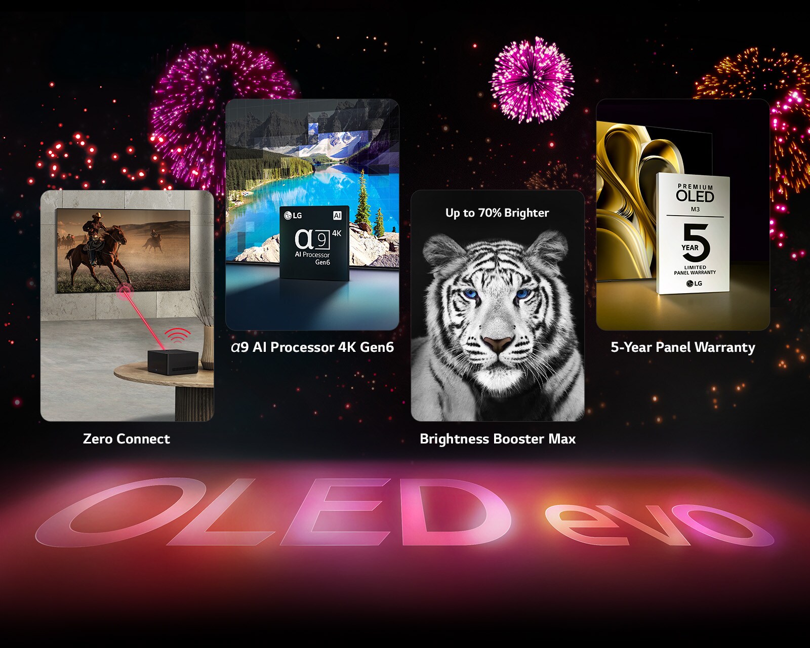 Kuva, joka esittää LG OLED evo M3 -laitteen tärkeimmät ominaisuudet vasten mustaa taustaa, jossa on pinkkejä ja violetteja ilotulituksia. Maahan heijastuu pinkki teksti ”OLED evo”. Kuva, jossa OLED M3 on asennettu harmaan huoneen seinälle ja Zero Connect Box välittää kuvaa langattomasti. Kuva, joka näyttää, kuinka α9 AI Processor 4K Gen6 -siru parantaa järvimaisemaa esittävän kuvan laatua prosessointiteknologialla. Kuva, jossa Brightness Booster Max näyttää tiikerin syvällä kontrastilla ja kirkkailla valkoisilla sävyillä. Kuva, joka esittelee viiden vuoden paneelitakuuta ja näyttää Premium OLED M3 -takuulogon laitteen edessä. 