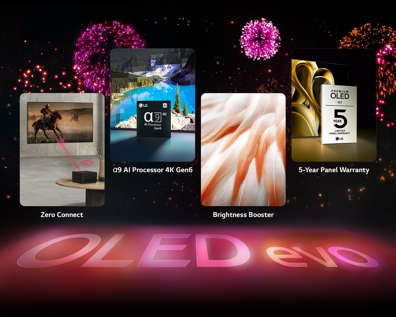 Kuva, joka esittää LG OLED M3 -laitteen tärkeimmät ominaisuudet vasten mustaa taustaa, jossa on pinkkejä ja violetteja ilotulituksia. Maahan heijastuu pinkki teksti ”OLED”. Kuva, jossa OLED M3 on asennettu harmaan huoneen seinälle ja Zero Connect Box välittää kuvaa langattomasti. Kuva, joka näyttää, kuinka α9 AI Processor 4K Gen6 -siru parantaa järvimaisemaa esittävän kuvan laatua prosessointiteknologialla. Kuva, jossa Brightness Booster näyttää linnun höyhenet syvällä kontrastilla ja kirkkailla valkoisilla sävyillä. Kuva, joka esittelee viiden vuoden paneelitakuuta ja näyttää Premium OLED M3 -takuulogon laitteen edessä. 