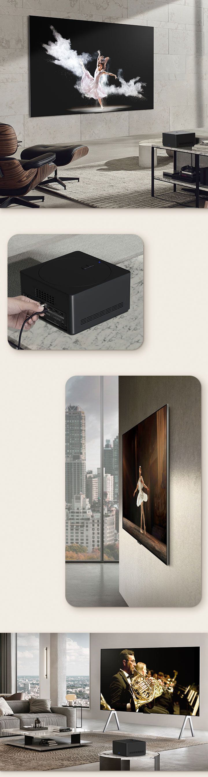 Kuvassa on LG OLED M3 seinällä viihtyisässä huoneessa, jossa koira ja henkilö nauttivat virtaviivaisesta näkymästä. Lähikuva henkilöstä, joka yhdistää kaapelin Zero Connect Boxiin. Sivukuva uskomattoman ohuesta LG OLED M3:sta. Viistosti otettu kuva, jossa LG OLED M3 on lattiajalustalla modernissa kaupunkiasunnossa, jonka marmorisella sivupöydällä on Zero Connect Box.