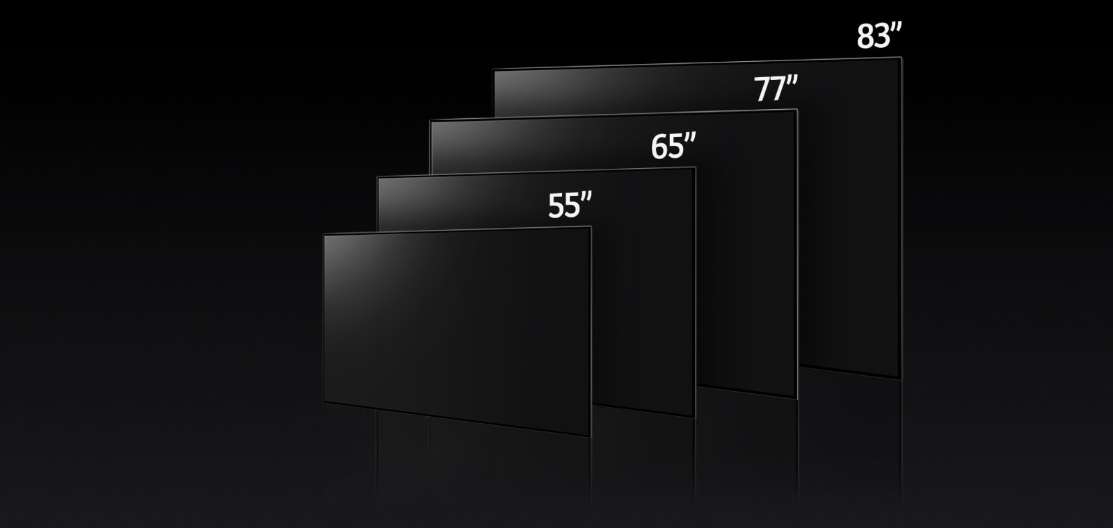 Kuva, jossa vertaillaan LG OLED C3:n eri kokoja. Kuvassa 55-, 65-, 77- ja 83-tuumainen televisio.