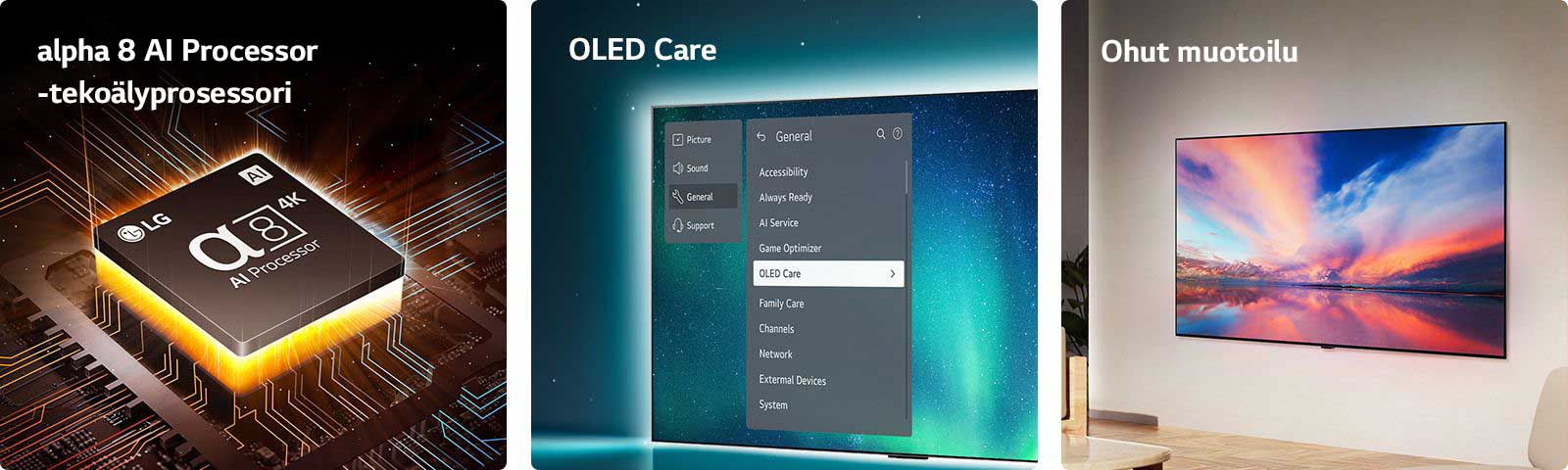 LG:n alpha 8 -tekoälyprosessori emolevyn päällä säteillen oransseja valopalloja.  OLED TV OLED Care -valikolla valitaan tukivalikosta, joka on näytön yläosassa.  Kuva ohuesta muotoilusta sivulta. TV on asetettuna litteästi seinää vasten modernissa asuintilassa.