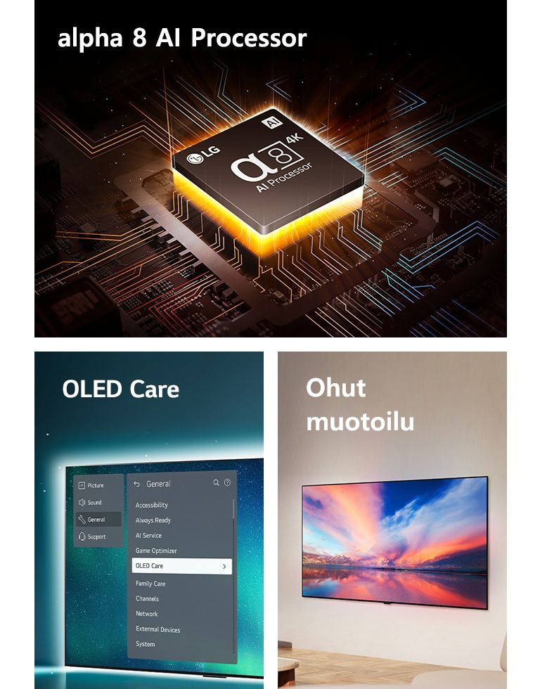 LG:n alpha 8 AI Processor emolevyn päällä hehkuu oranssia valoa.  OLED-televisio, jossa on OLED Care -valikko, valitaan näytön yläreunassa olevasta tukivalikosta.  Virtaviivainen muotoilu näkyy sivulta, kun se asetetaan seinää vasten modernissa olohuoneessa.
