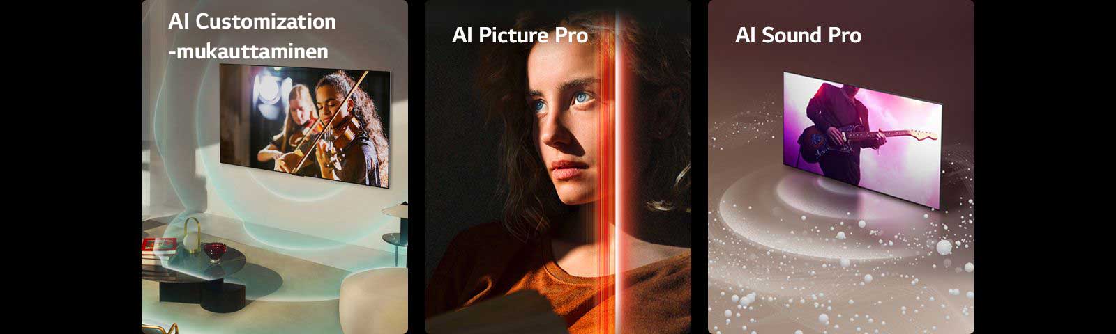 LG OLED modernissa asuintilassa, ja sen näytöllä on musiikkiesitys. Yksilöllistämistä kuvaavat siniset pyöreät aallot ympäröivät televisiota ja tilaa.  Nainen, jolla on läpitunkevan siniset silmät ja poltetun oranssin värinen toppi pimeässä tilassa. Tekoälyn hienosäätöjä kuvaavat punaiset viivat peittävät osan hänen kasvoistaan, jotka ovat kirkkaat ja yksityiskohtaiset, kun taas muu osa kuvasta näyttää tylsältä.   LG OLED TV -televisio, jonka näytöstä lähtee äänikuplia ja aaltoja, jotka täyttävät tilan.