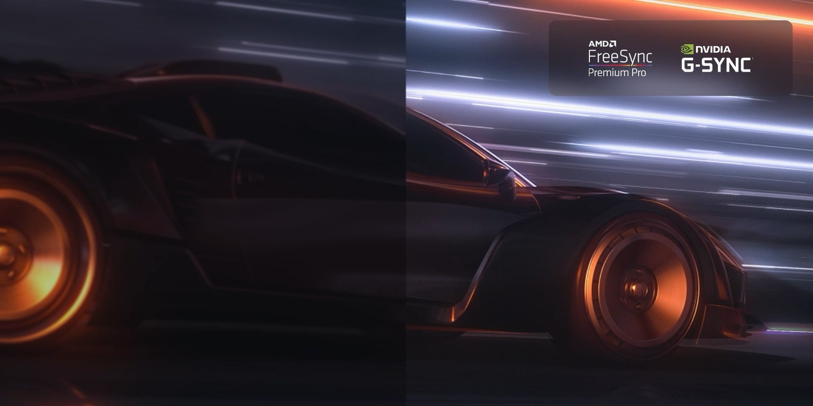 Sumea kohtaus nopeasti ajavasta autosta ajopelissä. Kohtauksen tarkkuus parantuu, ja sen tapahtumat näkyvät sulavasti ja selkeästi. FreeSync Premium Pro -logo ja NVIDIA G-SYNC -logo oikeassa yläkulmassa.