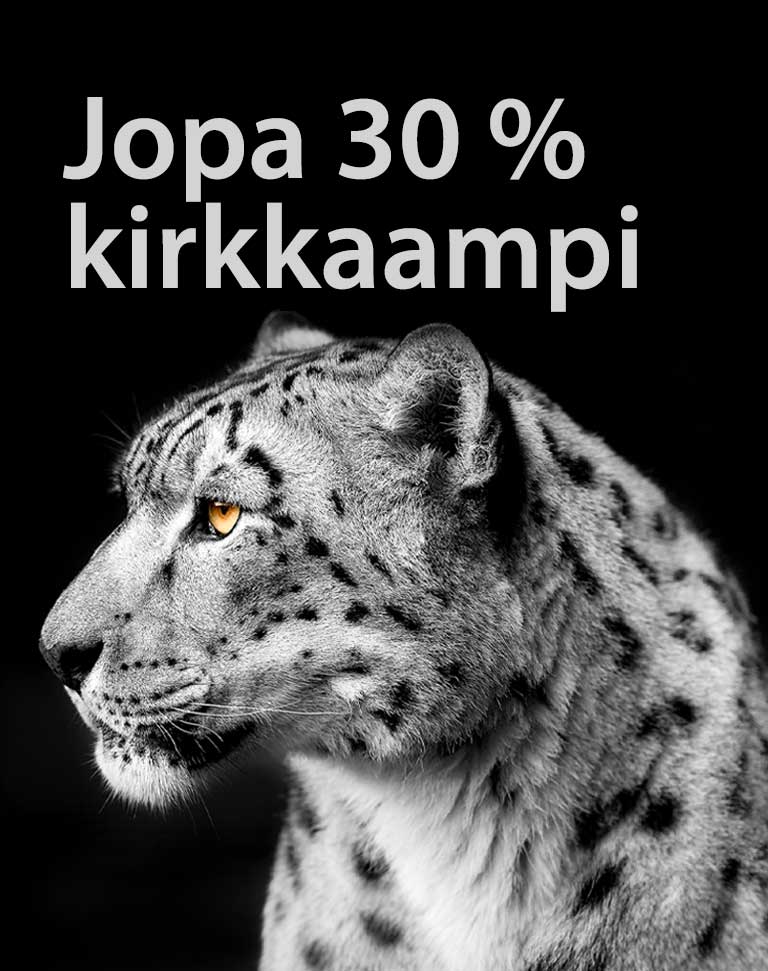 Valkoinen leopardi, jonka pää on kuvan vasemmalla puolella. Vasemmalla näkyvät sanat "Jopa 30 % kirkkaampi".